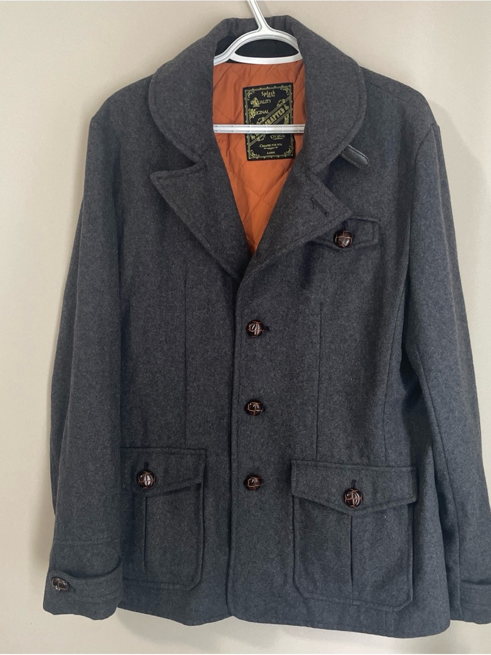 Splash Charcoal Pea Coat with Orange Quilted Lining
